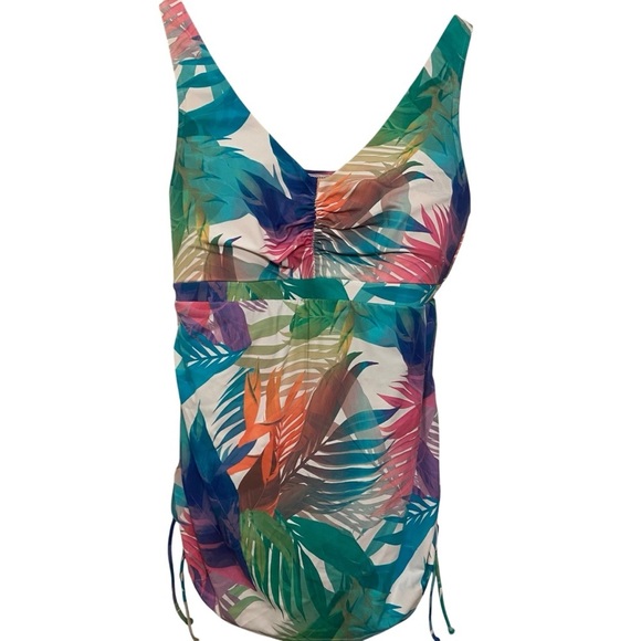 Swim Cacique Multicolor Tropical Ruched One Piece Skirted Swimsuit Size 16 Beach - Picture 2 of 9